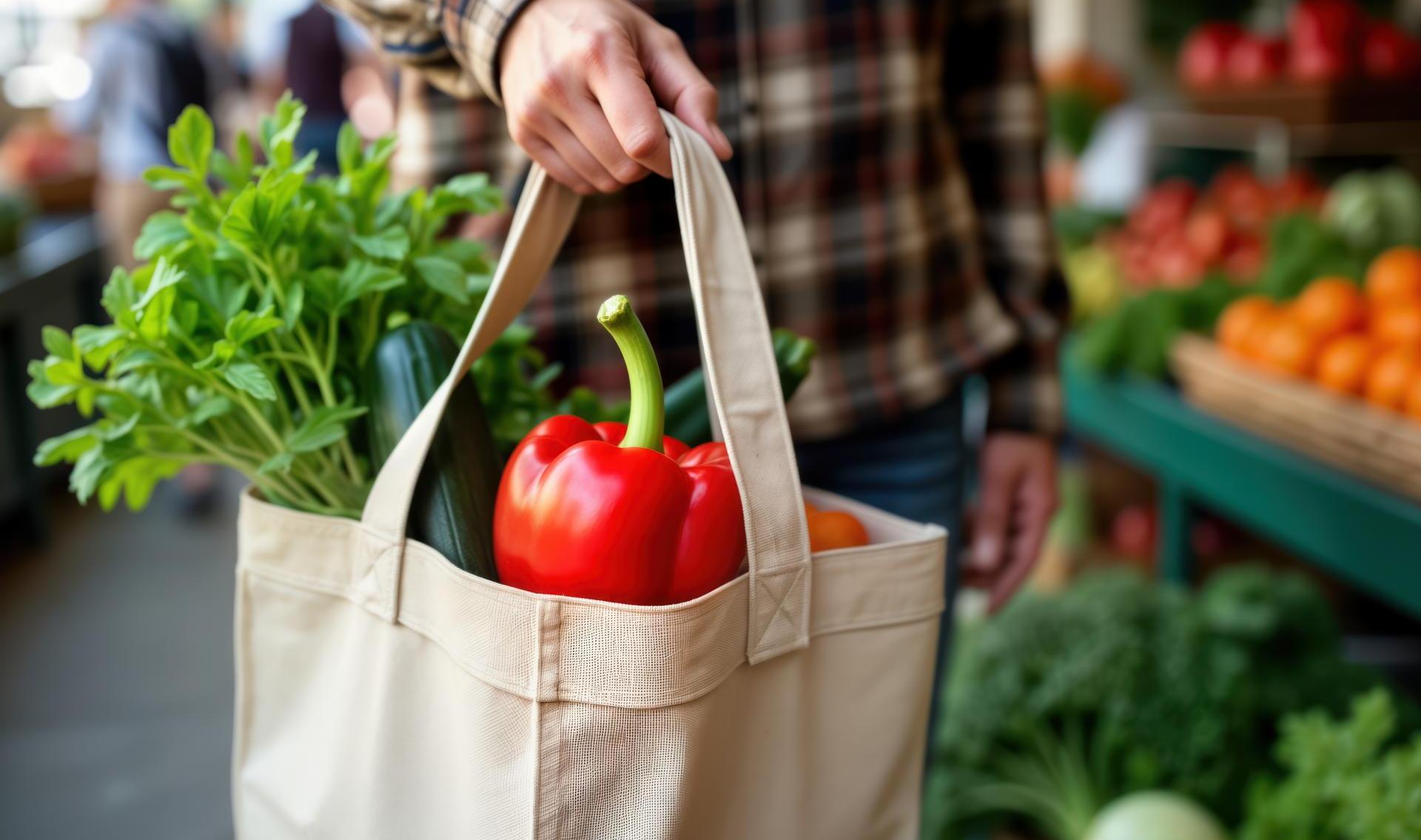 Person uses reusable produce bag filled with fresh vegetables at local market.