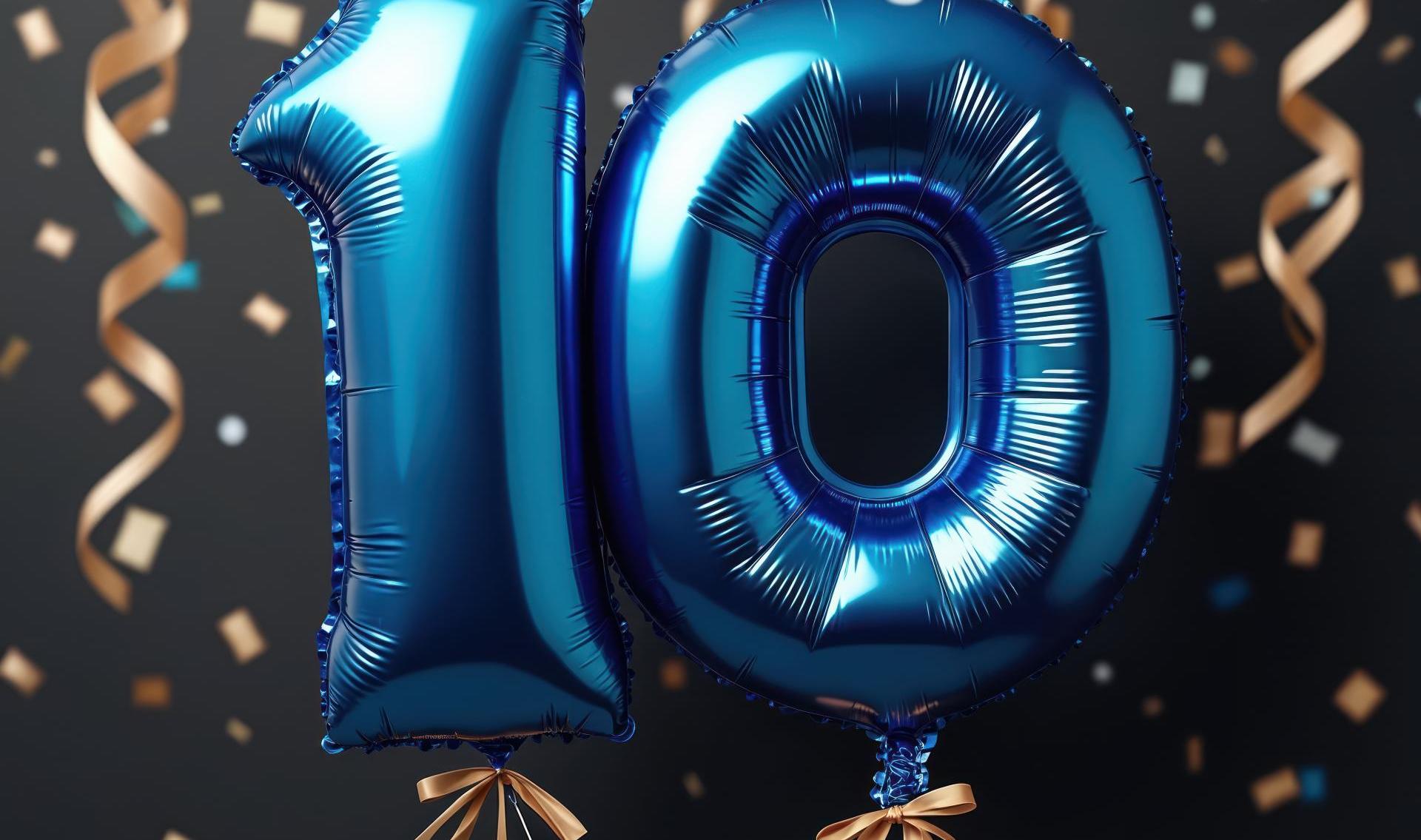 Blue number 10 balloon for birthday anniversary celebration on black confetti background with golden ribbons. Tenth year festive party decoration. Invite, invitation, card, shiny decor.