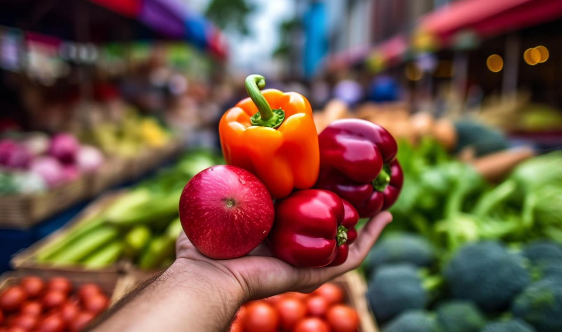 A hand holds one large vegetable, Vegetables at a busy farmers market.
