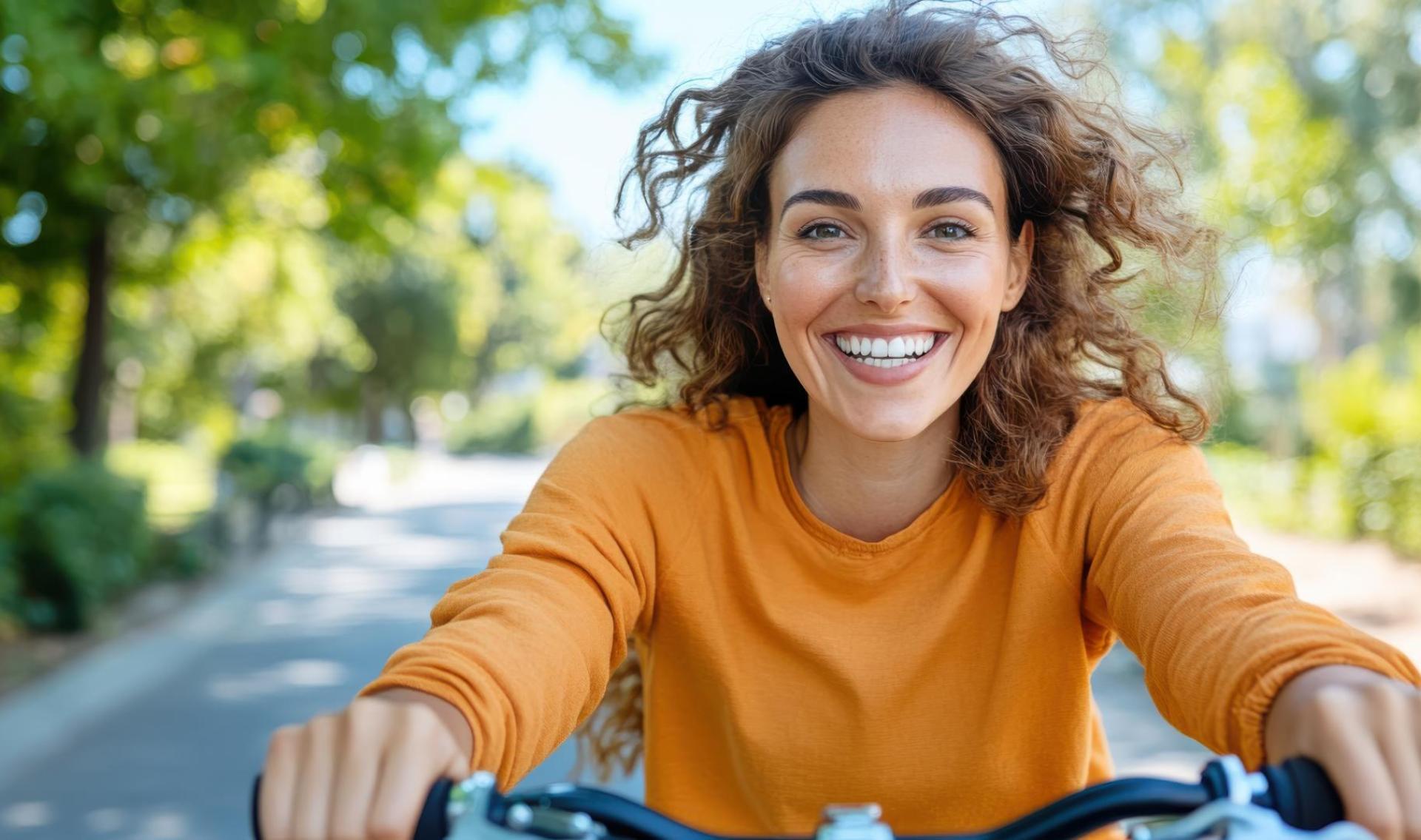 Woman riding bike on a sunny pathway expressing joy.