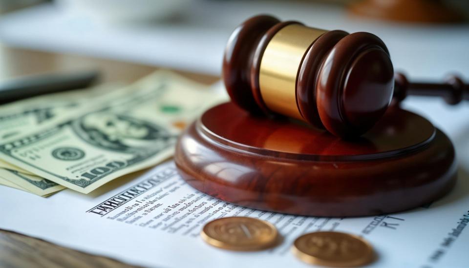 Legal documents with money and judge gavel.