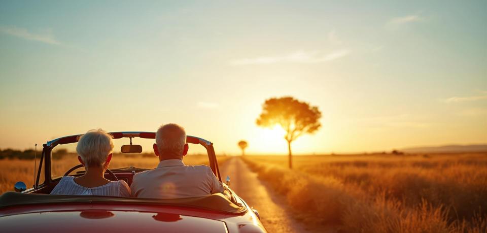 Couple driving towards the sun set in a convertible.