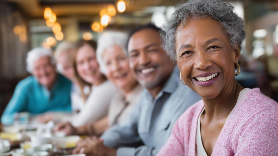 Wide warm bright dining scene of a diverse group of older retirees from behind gathered at a long breakfast table.