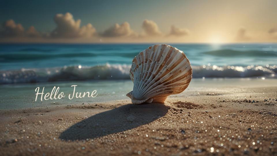 Sea shell on the sand next to the ocean, with Hello June written next to it.