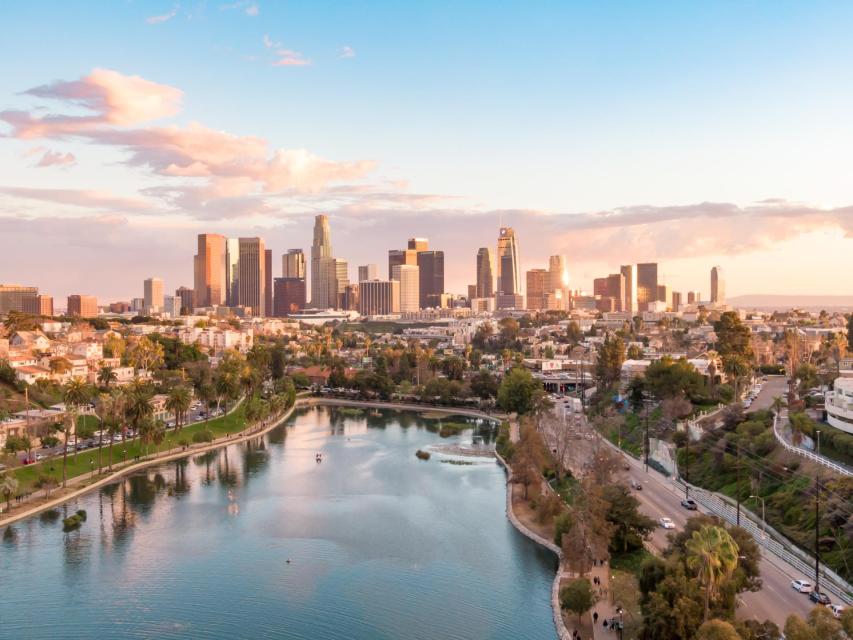 City of Los Angeles in the back ground with the Echo Park Lake right in front.