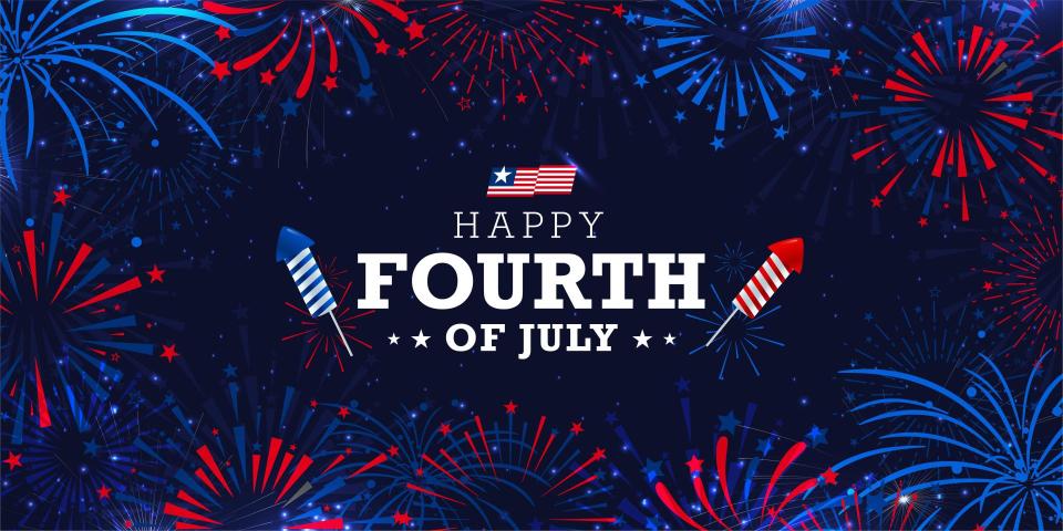 Fourth of July celebration banner background with firework burst on navy blue background with greeting lettering.