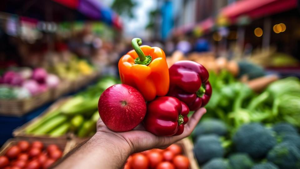 A hand holds one large vegetable, Vegetables at a busy farmers market.