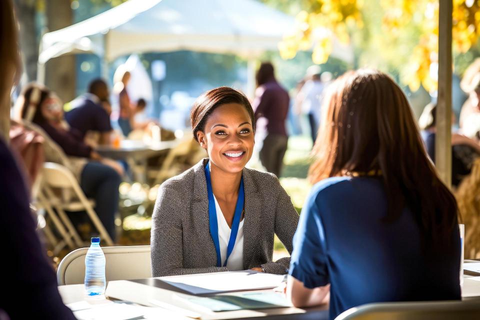 Young woman speaking to retirement counselor at event.