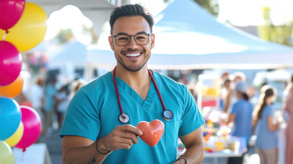 Doctor in uniform smiling at a health fair.