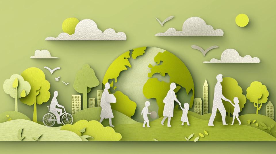 Silhouette of people in a park, with the earth and building in the background.