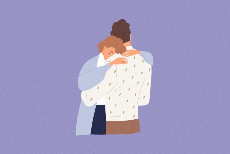 Purple background image of woman hugging man. Both are dealing with loss of a loved one.