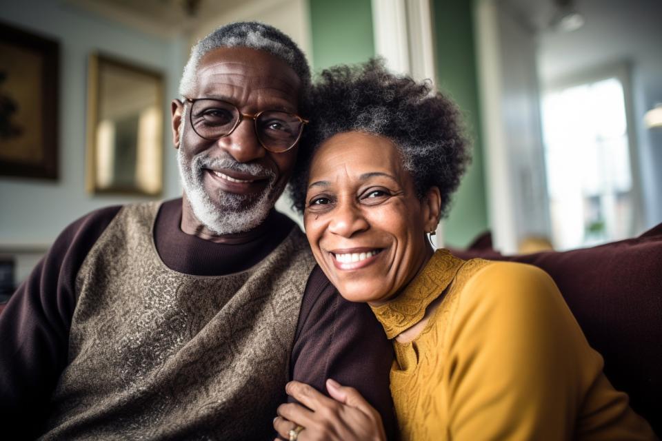 Happy retired couple smiling on couch at home
