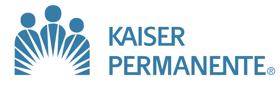 Kaiser Permanente Logo - Blue writing - 3 figure people standing in background