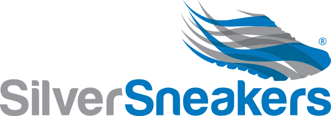 Silver Sneakers logo with an image of a blue and grey sneaker. Silver is in grey and Sneakers is in blue writing.
