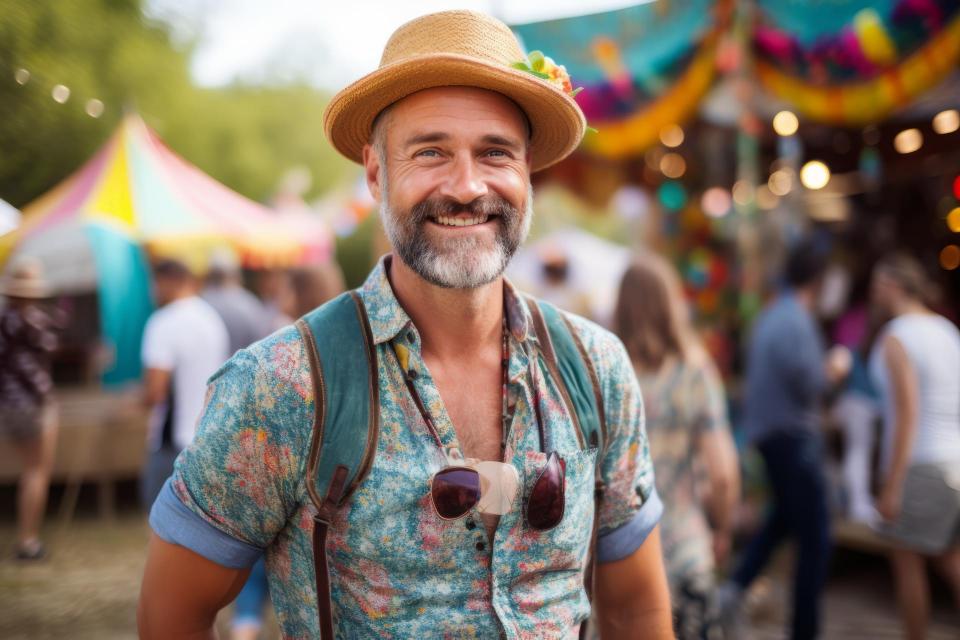 Cheerful man outside at a summer festival.
