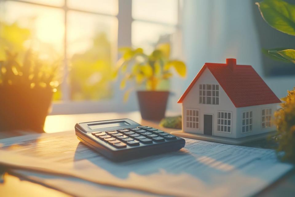 Financial planning essentials: close up of financial documents, calculator, and model house for real estate investment
