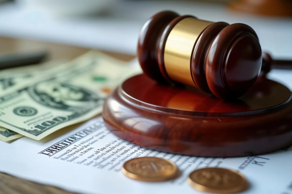 Legal documents with money and judge gavel.