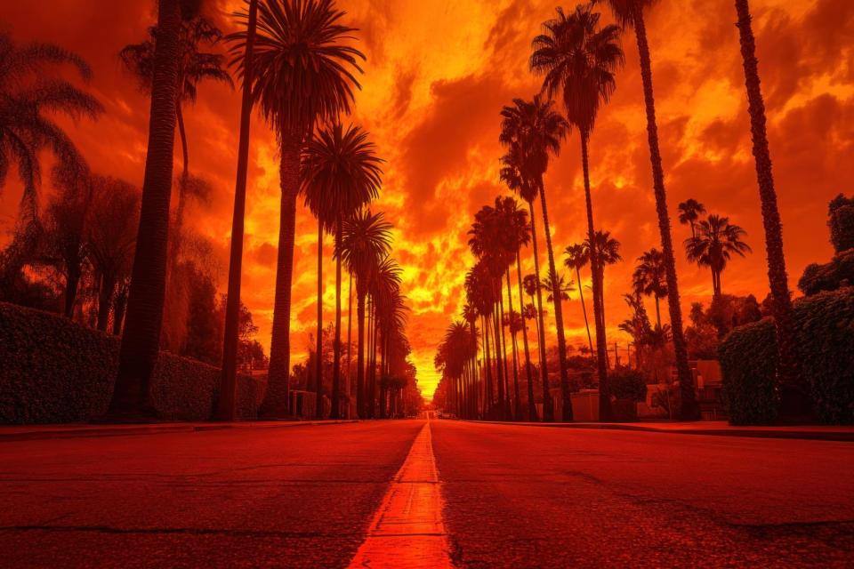 A sunset street in Los Angeles, palm trees lining the road, warm orange glow