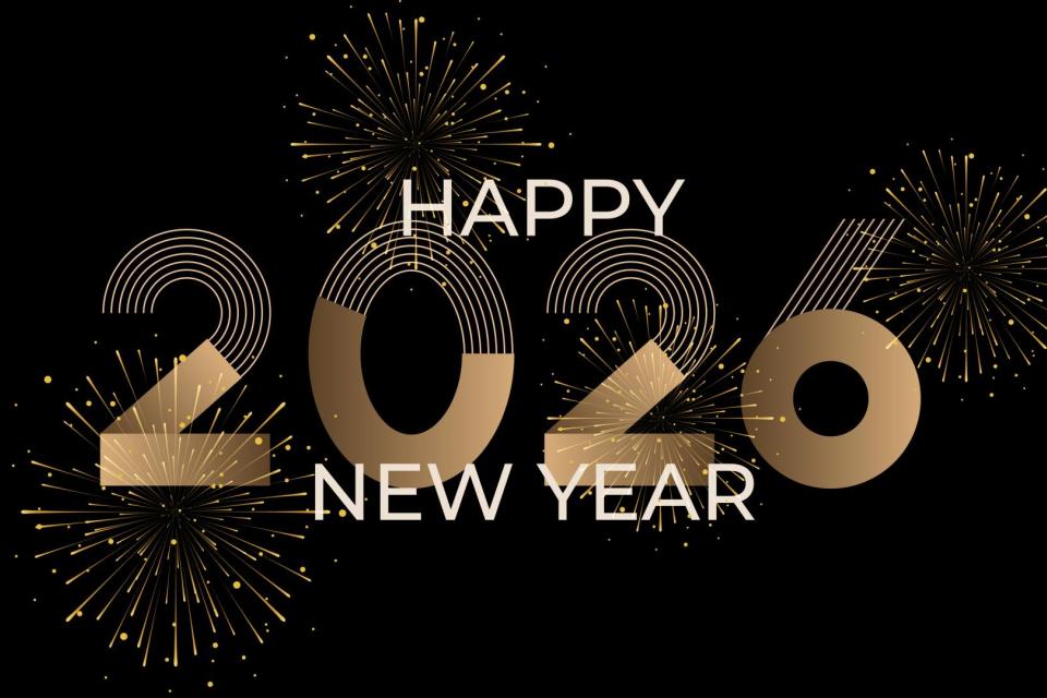 Typography Happy New Year 2026. Shiny gold color and realistic embossed effect.