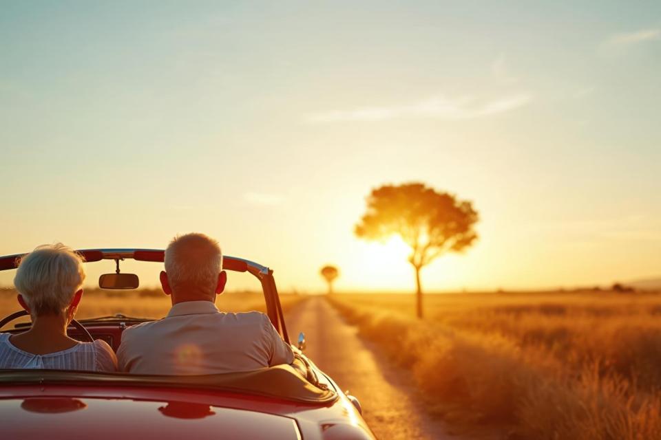 Couple driving towards the sun set in a convertible. 