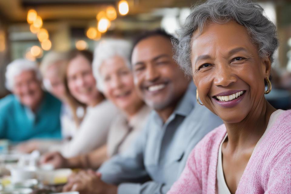Wide warm bright dining scene of a diverse group of older retirees from behind gathered at a long breakfast table.