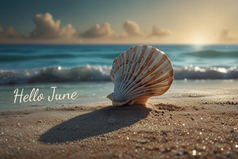 Sea shell on the sand next to the ocean, with Hello June written next to it.