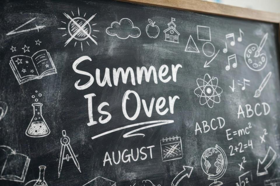 Black board with multiple drawn school supplies, with Summer is Over in the middle and August right below it.