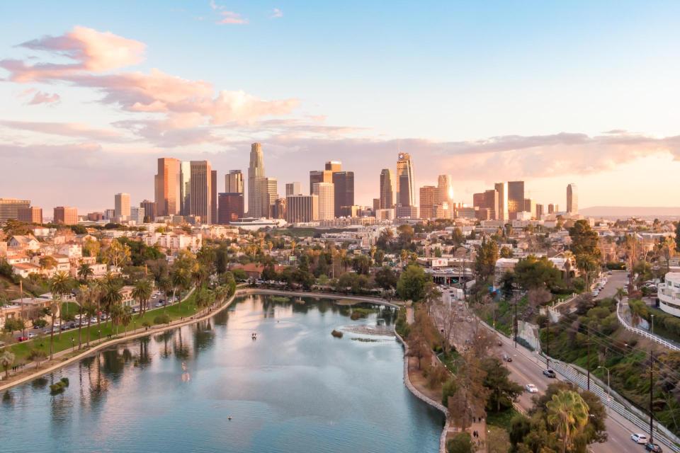 City of Los Angeles in the back ground with the Echo Park Lake right in front.