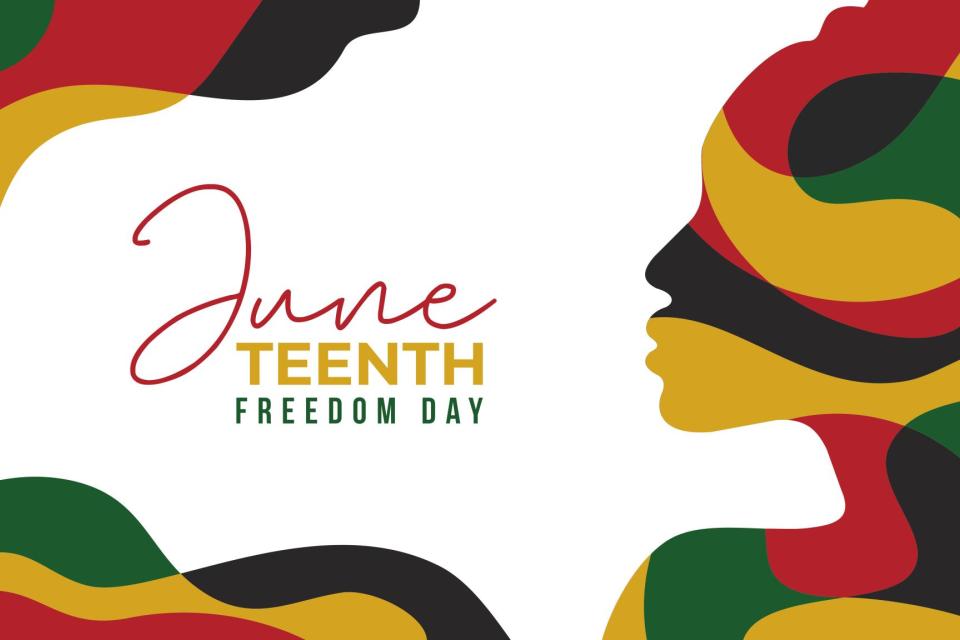 Silhouette of a woman's upper body covered in multicolor, with Juneteenth Freedom day in the middle of the picture.