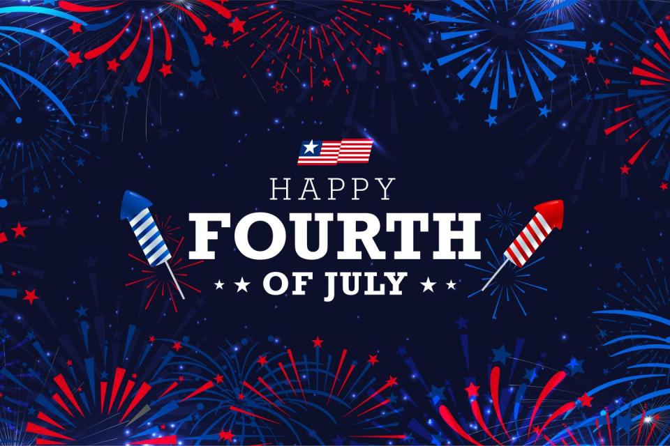 Fourth of July celebration banner background with firework burst on navy blue background with greeting lettering.