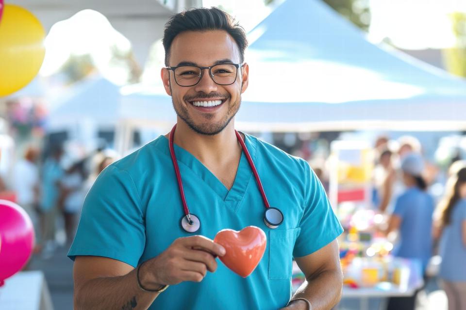 Doctor in uniform smiling at a health fair.