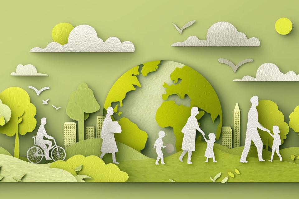 Silhouette of people in a park, with the earth and building in the background.