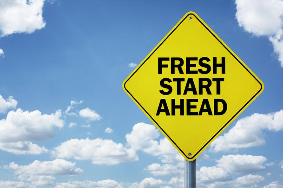 Traffic Sign with Fresh Start Ahead on it.