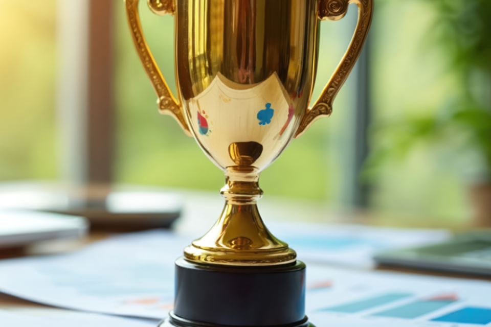 Golden trophy cup proudly stands on bright office desk.