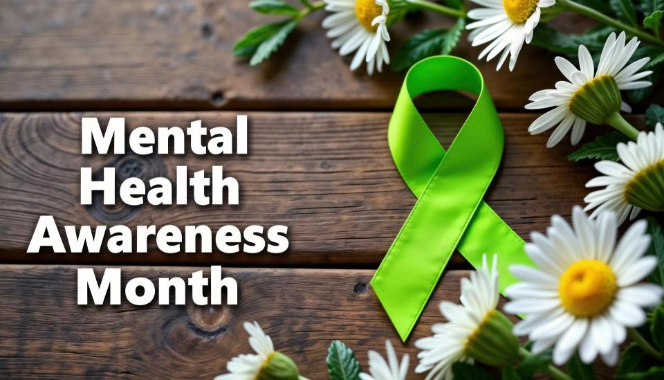 Lime green awareness ribbon sits on wooden planks with white daisies. Mental health awareness month concept. Support mental health. 