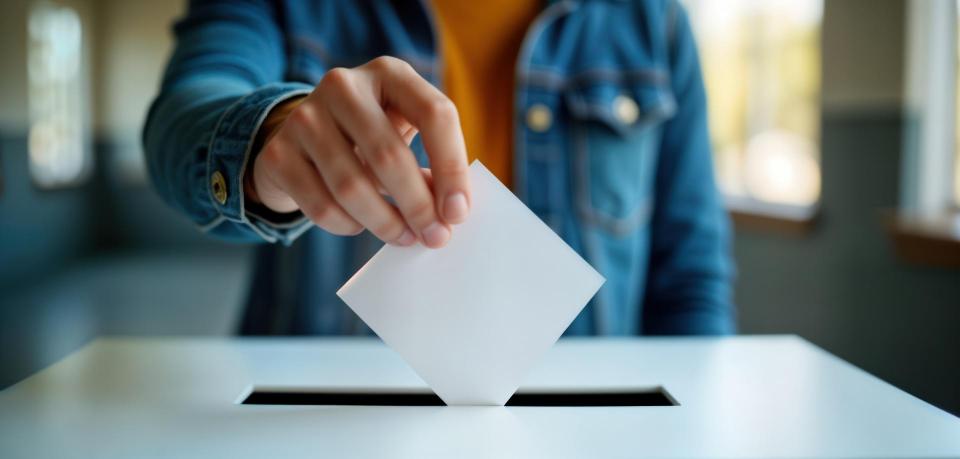 Close up hand dropping ballot in election box.