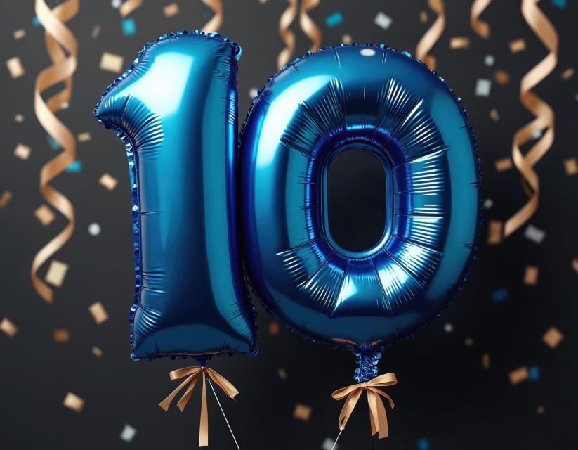 Blue number 10 balloon for birthday anniversary celebration on black confetti background with golden ribbons. Tenth year festive party decoration. Invite, invitation, card, shiny decor.