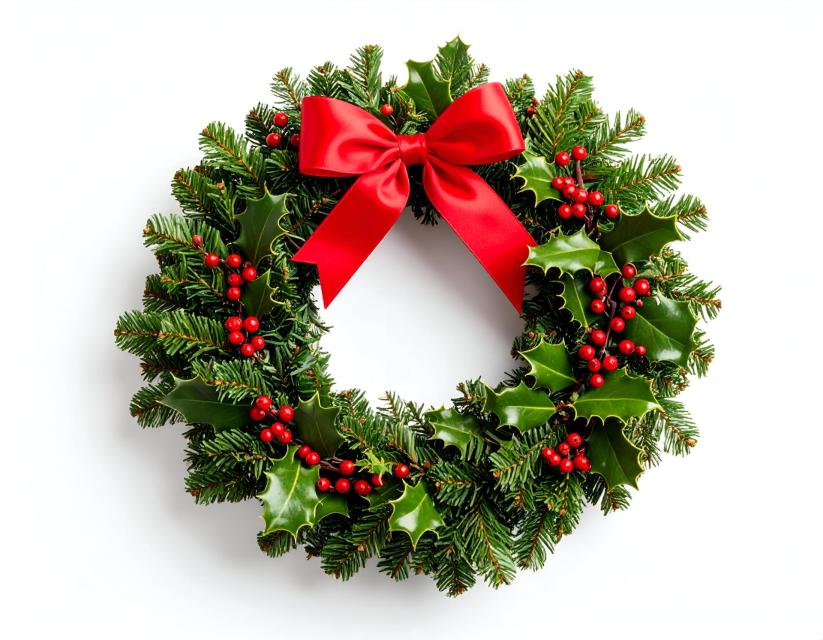 Christmas Wreath Festive Holly, Berries, and Red Bow Decoration