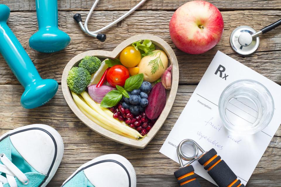 Prescription along with fruit and vegetables.