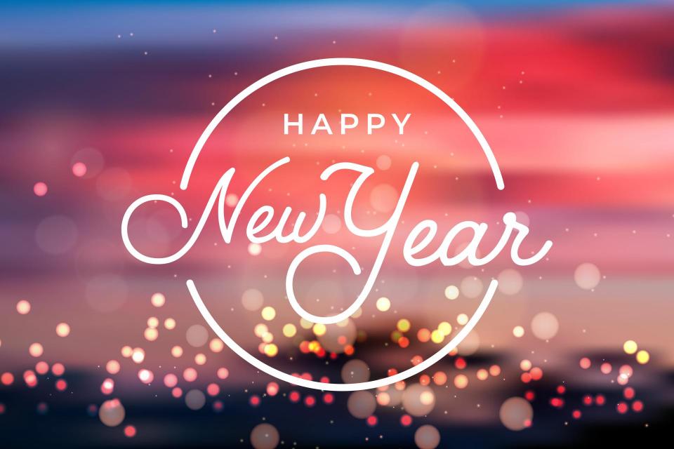 Red and white Happy New Year holiday sign.