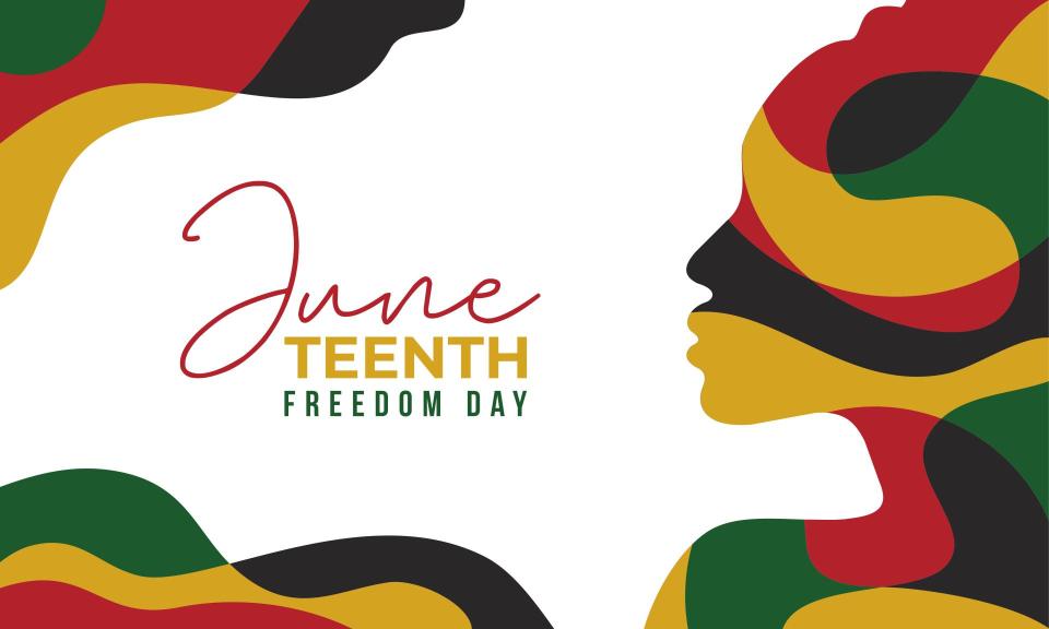 Silhouette of a woman's upper body covered in multicolor, with Juneteenth Freedom day in the middle of the picture. 