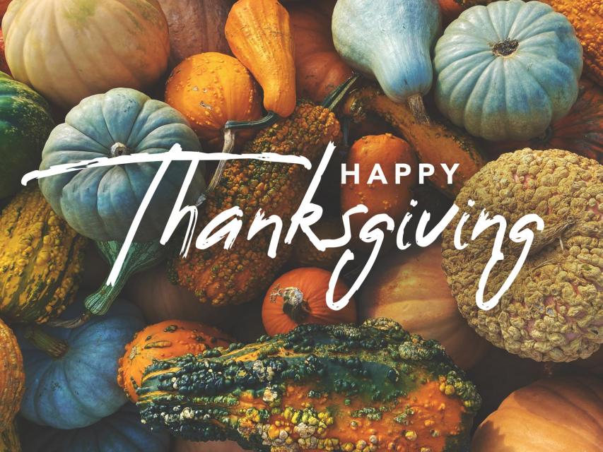Happy Thanksgiving handwritten script text with pumpkins, squash and gourds colorful background texture