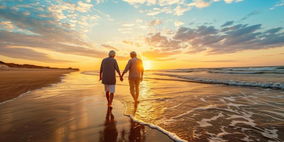 Couple walking next to the shoreline during sunset.
