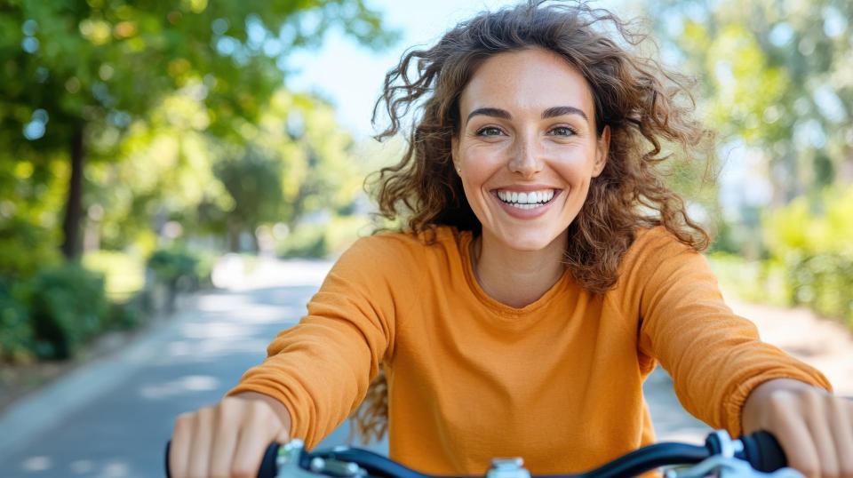 Woman riding bike on a sunny pathway expressing joy.