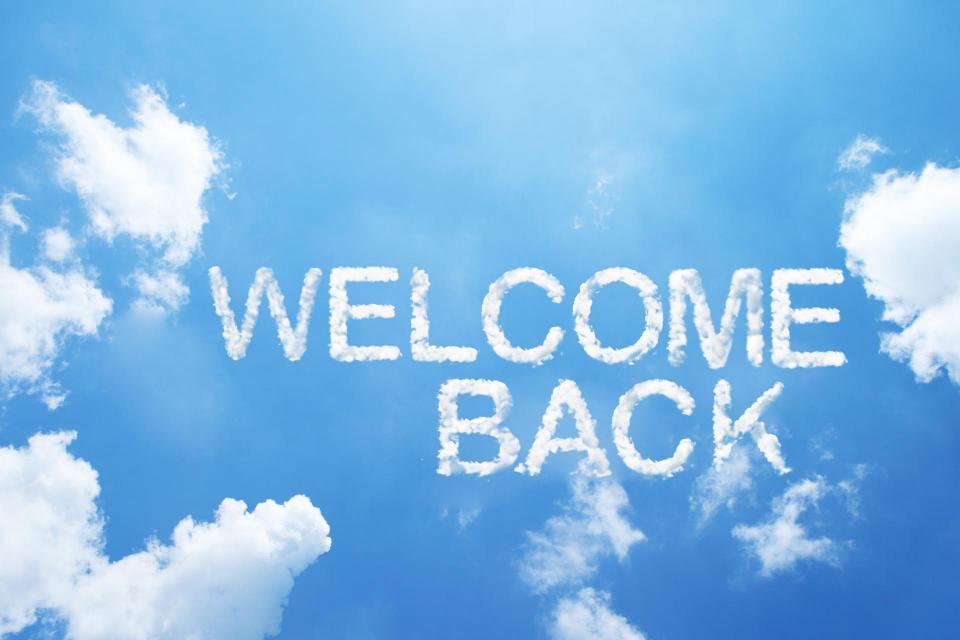 Bright sky background, text reads: Welcome Back