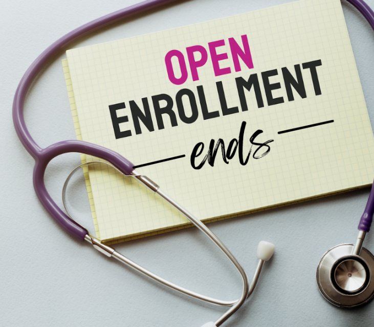 Paper that reads "Open enrollment ends" and a stethoscope 
