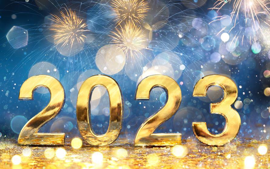 2023 New Year Celebration - Golden Number And Fireworks At Blue Eve Night In Abstract Defocused Lights