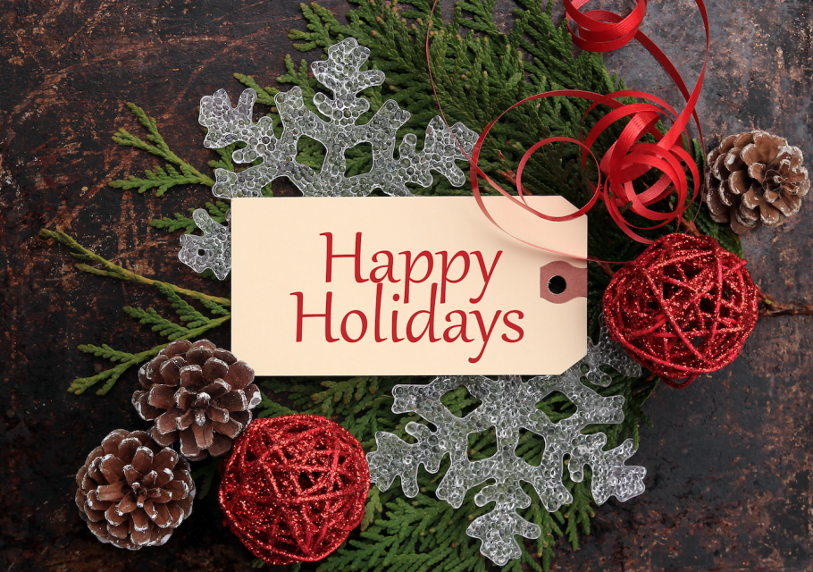 Happy Holidays gift tag, snowflakes, and pine cones